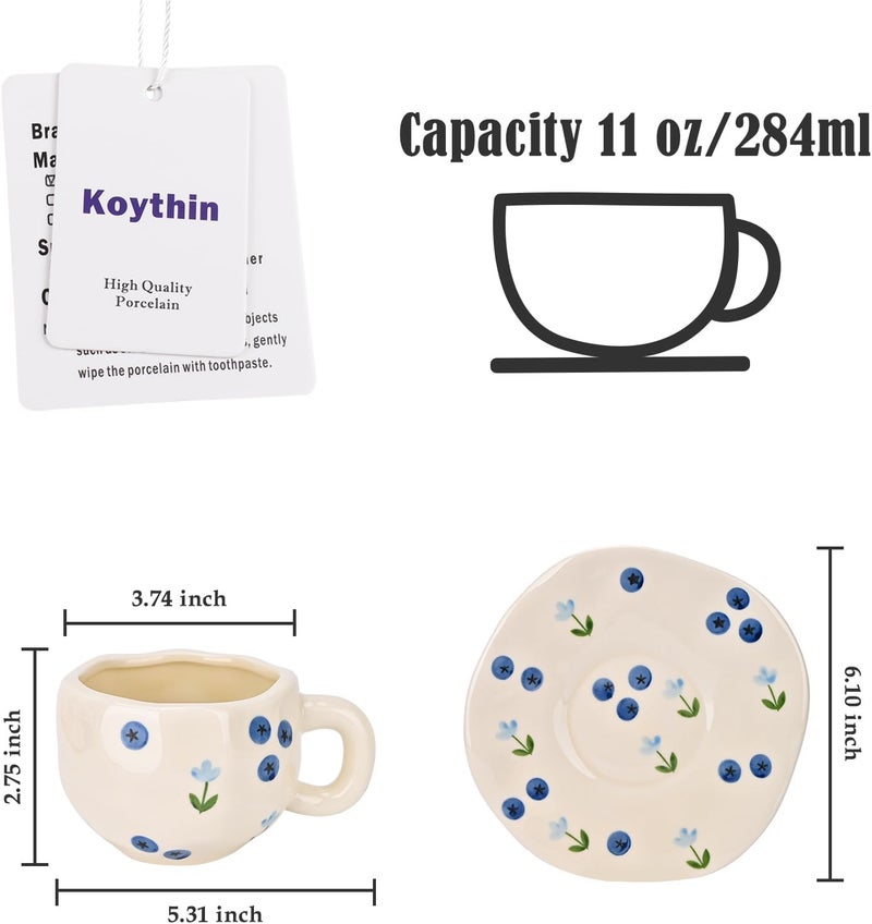 Koythin Ceramic Coffee Mug with Saucer Set, Cute Creative Blueberry Flower Cup Unique Irregular Design for Office and Home, 10 oz/300 ml for Latte Tea Milk - Image 2