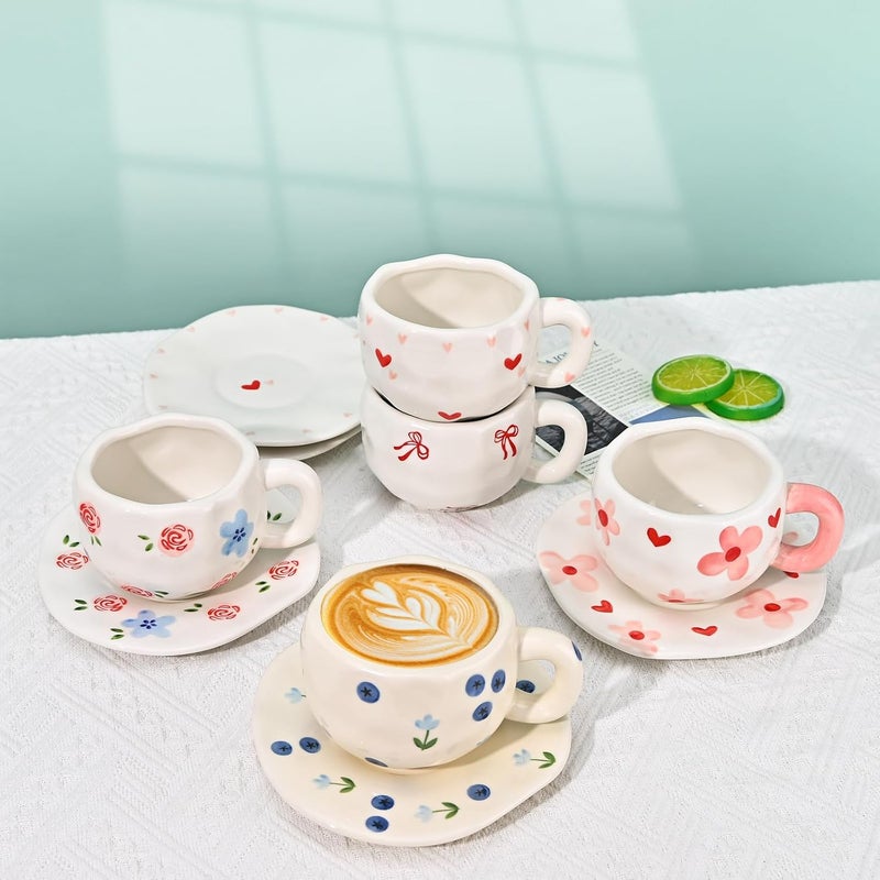 Koythin Ceramic Coffee Mug with Saucer Set, Cute Creative Blueberry Flower Cup Unique Irregular Design for Office and Home, 10 oz/300 ml for Latte Tea Milk - Image 3