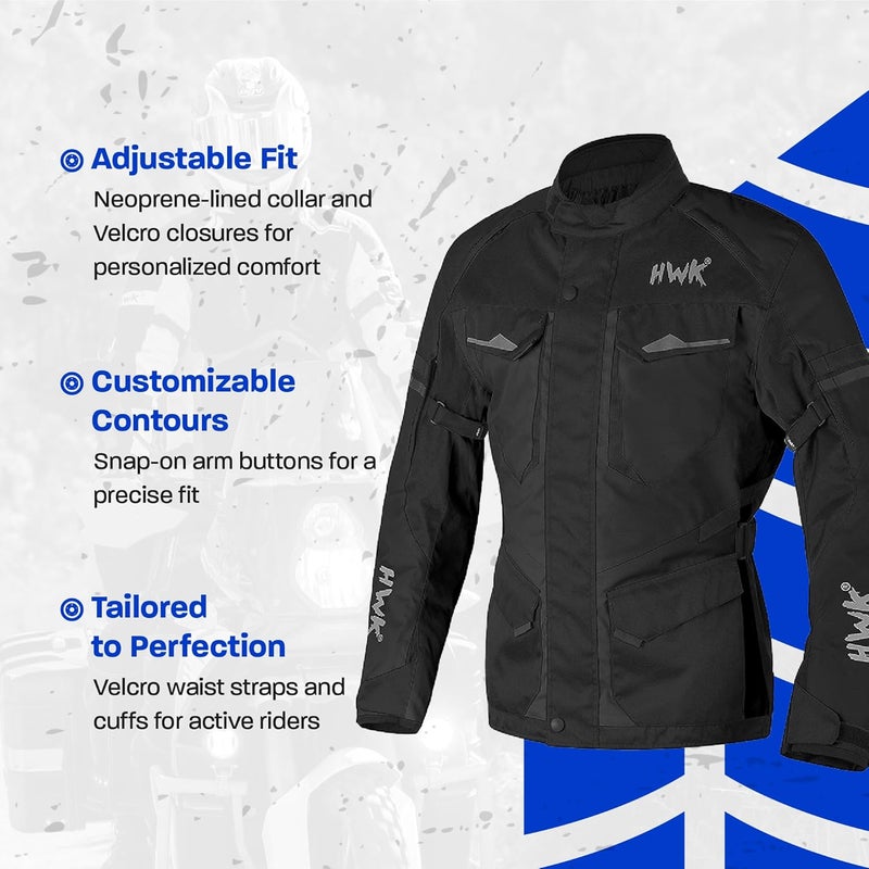 HWK Adventure Touring Motorcycle Jacket for Men, Water Resistant Cordura Textile Biker Jacket for Men, Durable and Stylish Moto Gear with CE Armor for Enduro Motorbike Riding - Black, Medium - Image 3