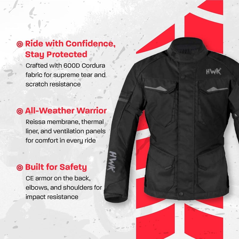 HWK Adventure Touring Motorcycle Jacket for Men, Water Resistant Cordura Textile Biker Jacket for Men, Durable and Stylish Moto Gear with CE Armor for Enduro Motorbike Riding - Black, Medium - Image 2
