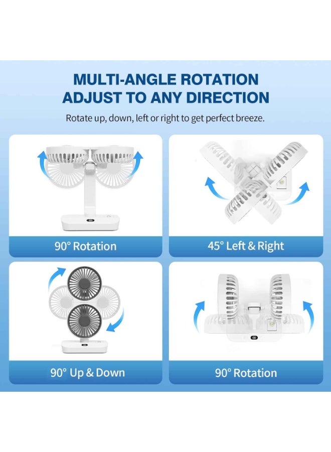 Dual Head Desk Fan with LED Light, USB Rechargeable Portable Mini Fan, Quiet Desktop & Wall-Mounted Fan, Multi-Angle Rotation, 4 Speeds, for Bedroom, Home, Office, Camping,Summer Essentials - Image 3