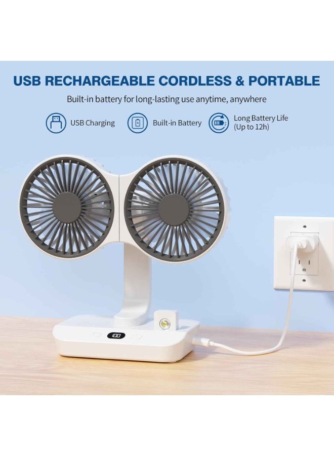 Dual Head Desk Fan with LED Light, USB Rechargeable Portable Mini Fan, Quiet Desktop & Wall-Mounted Fan, Multi-Angle Rotation, 4 Speeds, for Bedroom, Home, Office, Camping,Summer Essentials - Image 5