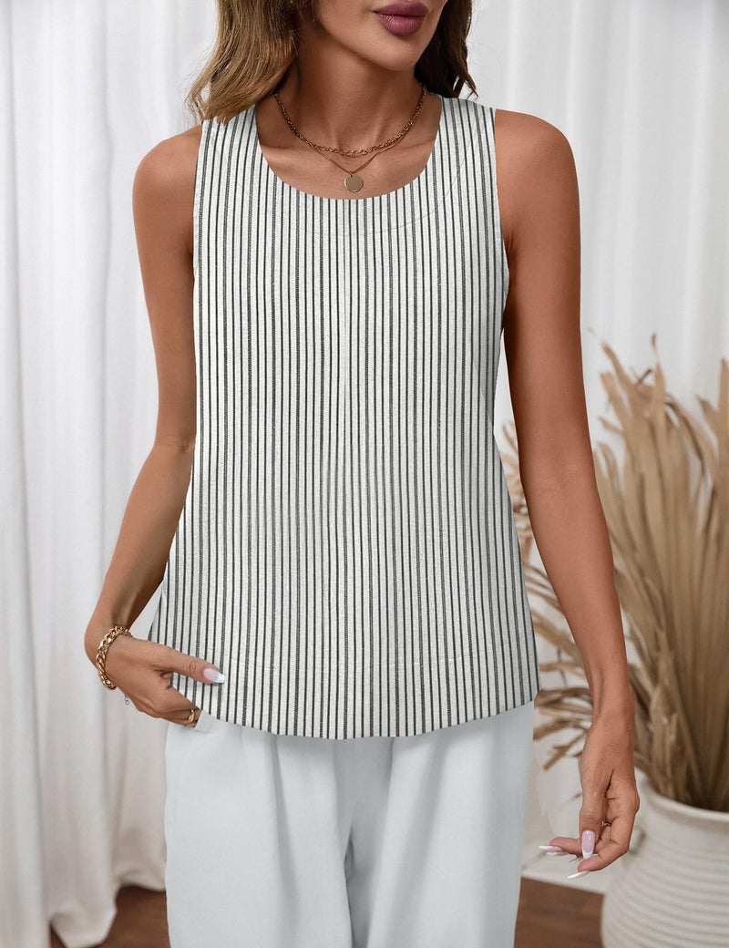 Rapbin Linen Top Sleeveless Tank Tops for Women Summer Spring Tops Vacation Outfits Cute Clothes Cotton Linen Shirts Blouses Black White Stripe - Image 3