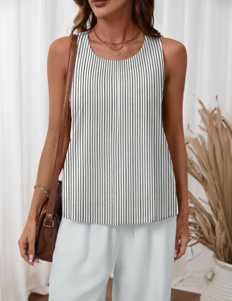 Rapbin Linen Top Sleeveless Tank Tops for Women Summer Spring Tops Vacation Outfits Cute Clothes Cotton Linen Shirts Blouses Black White Stripe - Image 4