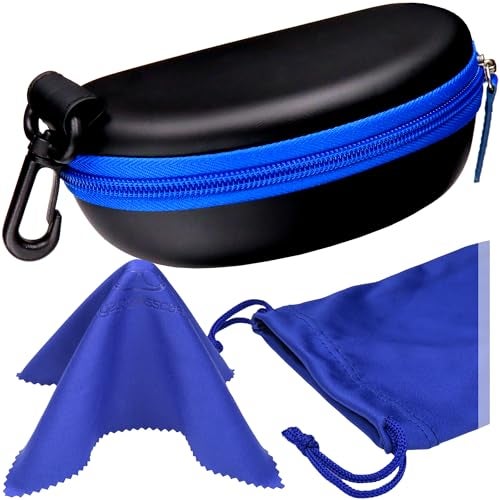 MyEyeglassCase Semi Hard Sunglasses Case – SPORT ACTIVE EVA Zippered Glasses Case & Carabiner Hook, Hard Eyeglass Case for Large Sunglasses & Small Goggles (B15HC BLK/BLUE) - Image 1