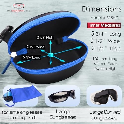 MyEyeglassCase Semi Hard Sunglasses Case – SPORT ACTIVE EVA Zippered Glasses Case & Carabiner Hook, Hard Eyeglass Case for Large Sunglasses & Small Goggles (B15HC BLK/BLUE) - Image 4
