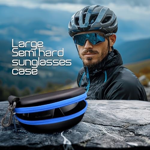 MyEyeglassCase Semi Hard Sunglasses Case – SPORT ACTIVE EVA Zippered Glasses Case & Carabiner Hook, Hard Eyeglass Case for Large Sunglasses & Small Goggles (B15HC BLK/BLUE) - Image 2