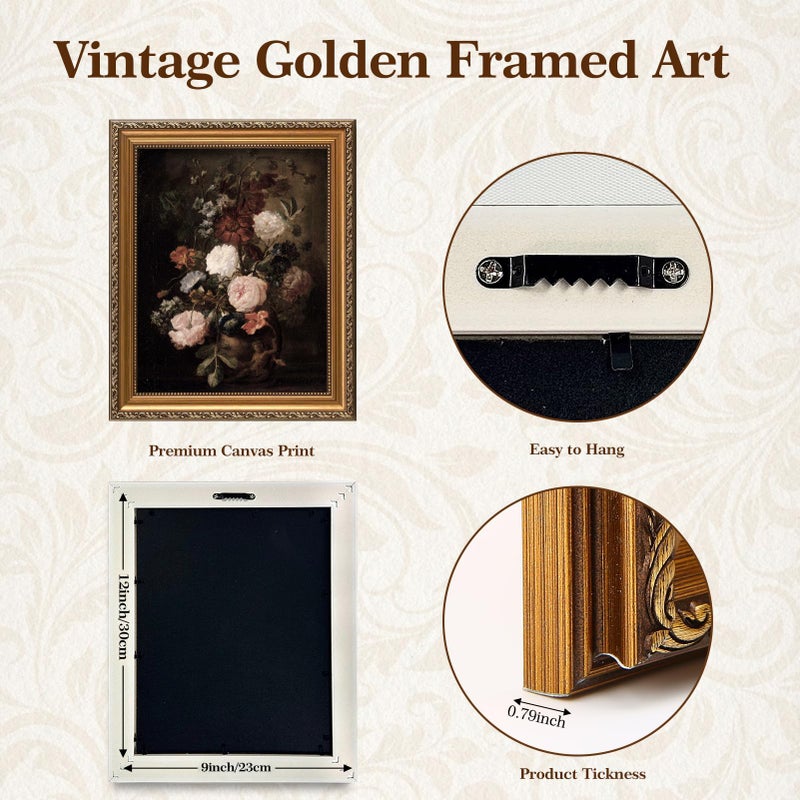 ASTRDECOR Framed Vintage Floral Wall Art, Moody Dark Flower Print, Antique Botanical Oil Painting, Rustic Country Canvas Wall Decor for Living Room Bedroom Shelf, 9x12 inches - Image 2