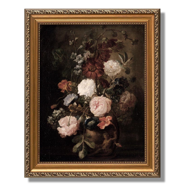 ASTRDECOR Framed Vintage Floral Wall Art, Moody Dark Flower Print, Antique Botanical Oil Painting, Rustic Country Canvas Wall Decor for Living Room Bedroom Shelf, 9x12 inches - Image 1