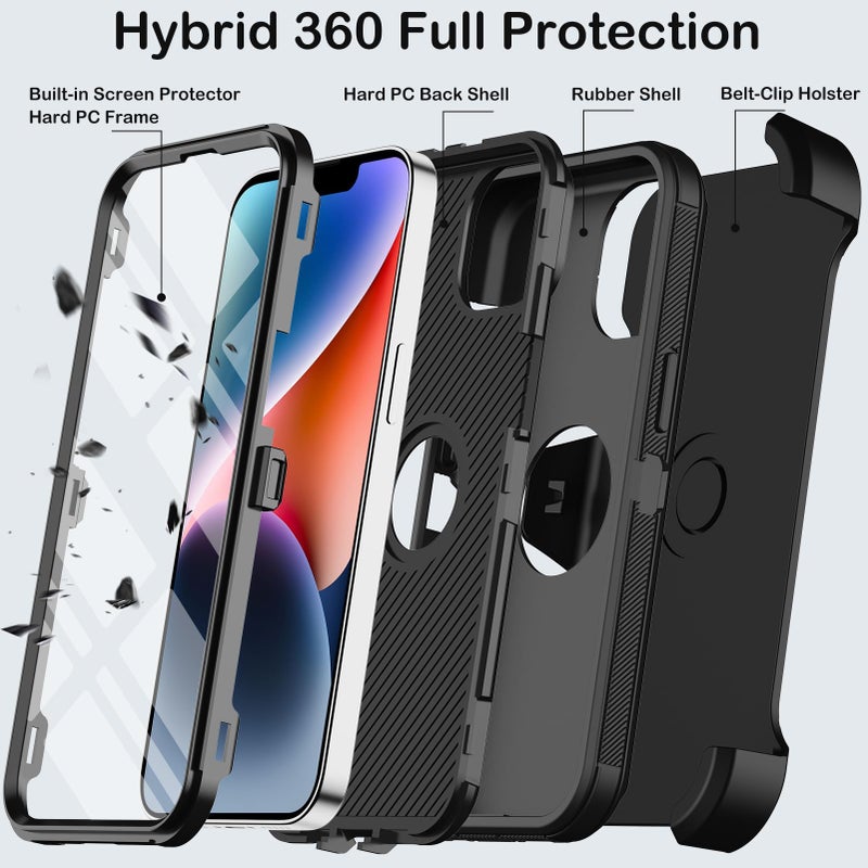 KECAI for iPhone 14 Plus Case with Belt Clip Holster,Built-in Screen Protector,Heavy Duty Shockproof Drop Protection Military Grade Rugged Phone Cover with Kickstand for Apple 14 Plus 6.7"(Black) - Image 3