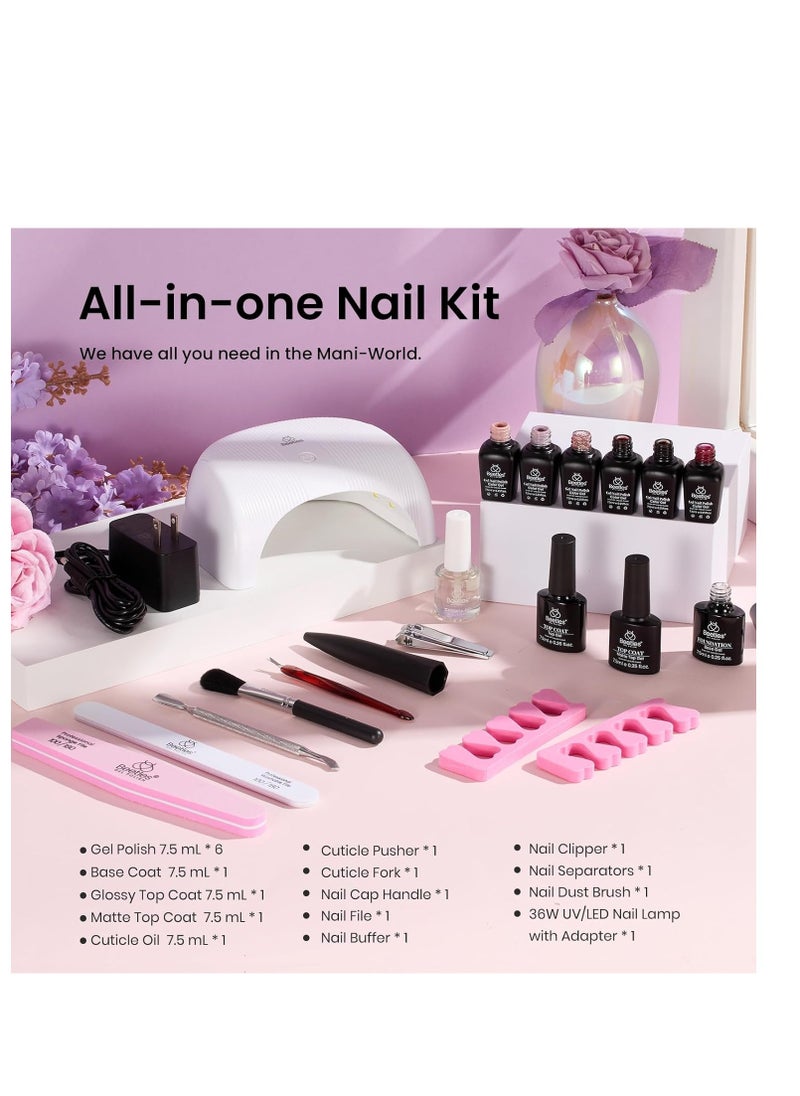 beetles Gel Polish Beetles Gel Nail Polish Kit with UV Light 6 Colors Purple Nude Red Black Gel Polish 25 Pcs Starter Kit Soak off 36W LED Nail Lamp Gel Nail Polish Set Salon DIY Nail Decoration Gifts for Mom  - Image 2