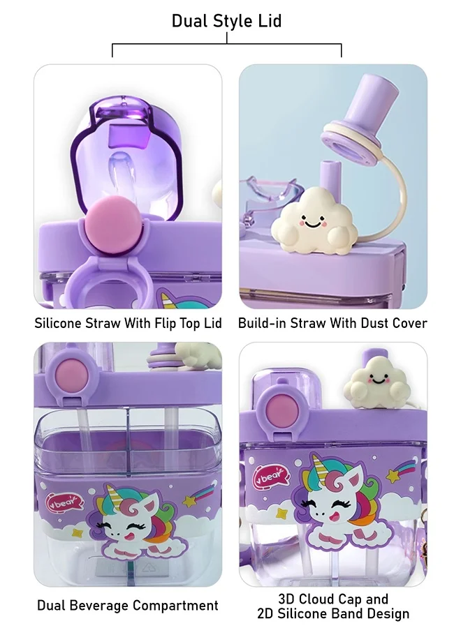 LITTLE SURPRISE BOX Little Surprise Box, Dual Beverage compartment, Purple Unicorn Tritan Kids Water Bottle, 580ml, 2yrs +