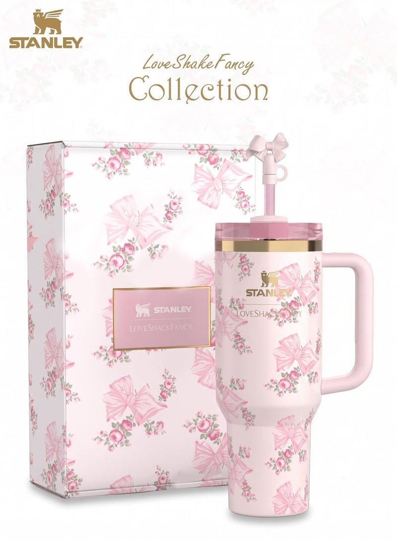 Stanley x LoveShackFancy Tumbler with Handle & Straw – 40 oz Vacuum Insulated Stainless Steel Travel Mug, Leak-Resistant Reusable Cup, Floral Pink Limited Edition Hot & Cold Drink Cup - Image 1