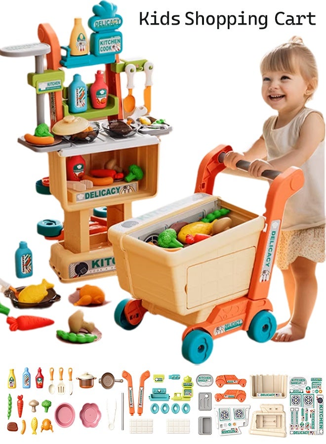 Kids Shopping Cart Trolley 2 in 1 Toy Shopping Cart with Shop Accessories Kids Shopping Cart Kitchen Toy Pretend Play Trolley Toy Playset Grocery Shopping Cart with Wheels Easy Assembly Pretend Play and Role-Playing Games Child-Safe and Durable Ages 3+ - Image 1