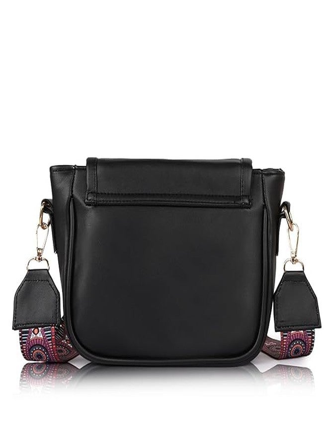 DANIEL CLARK Women’s Stylish Black Sling Bag with Adjustable Printed Strap | Soft Leatherette Crossbody Shoulder Bag | Spacious Daily Use Handbag for Casual & Travel - Image 4