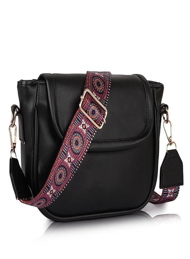 DANIEL CLARK Women’s Stylish Black Sling Bag with Adjustable Printed Strap | Soft Leatherette Crossbody Shoulder Bag | Spacious Daily Use Handbag for Casual & Travel - Image 1