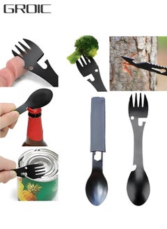2 Packs Multi-functional Camping ForkSpoon Set Stainless Steel Functional Spoon Fork Bottle Opener Portable Open Can Multifunctional Tool for Hiking Picnic