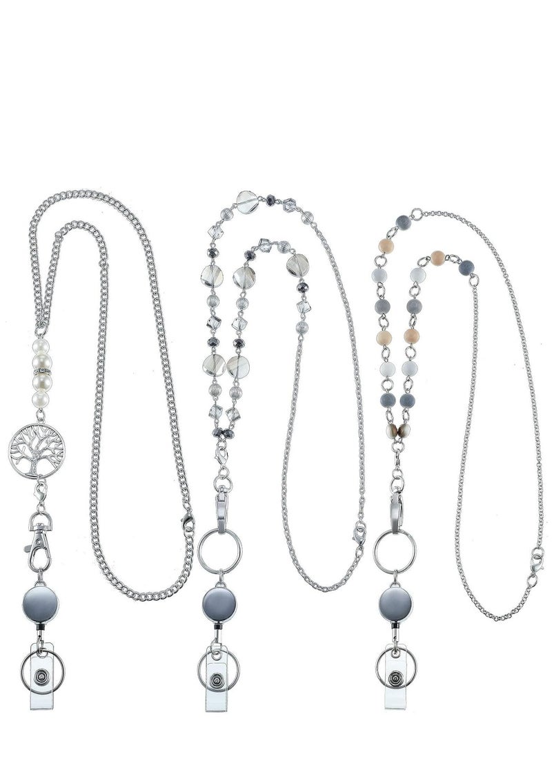 Excefore 3 Pieces ID Badge Lanyard Necklace with ID Holder Clip Stainless Steel Beaded Chain Retractable Badge Reel Present  - Image 1