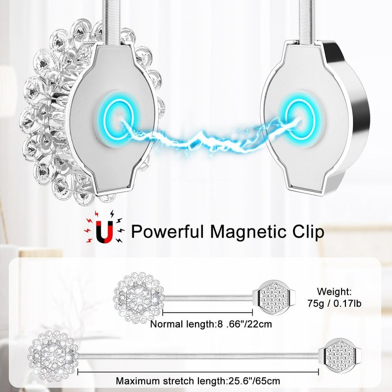 AULEEP Magnetic Curtain Tiebacks, 4 Pack Modern Metal Curtain Tie Backs, Indoor & Outdoor Use Decorative Drapes Clips Buckle with Crystal Flower Beads for Thin or Thick Curtains(Crystal Silver) - Image 2