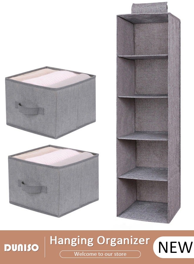 DUNISO 5-Tier Hanging Shelf Closet Organizer with 2 Drawers, Storage Box Collapsible Shelves Hanging Closet for Clothes, Socks, Underwear, Hat, Jeans, Towel, Sweater, in Bedroom, Dorm College Room  - Image 1