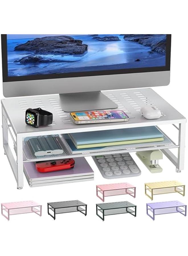 Arabest 2-Tier Metal Monitor Stand Riser, Desk Accessories & Workspace Desk Organizers, Office Desk Storage Organizer for Office Supplies (White)  - Image 1
