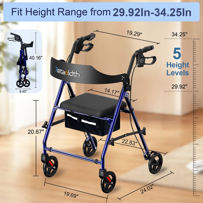 Retaoldth Foldable Rollator Walker with Seat for Seniors, Easy Folding & One-Hand Carry, Walkers for Seniors-All-Terrain Wheels, Height Adjustable Lightweight Rolling Walker for Elderly, Blue - Image 5