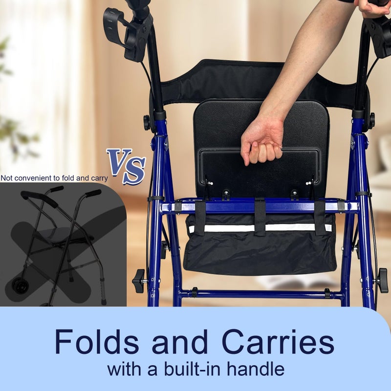Retaoldth Foldable Rollator Walker with Seat for Seniors, Easy Folding & One-Hand Carry, Walkers for Seniors-All-Terrain Wheels, Height Adjustable Lightweight Rolling Walker for Elderly, Blue - Image 2