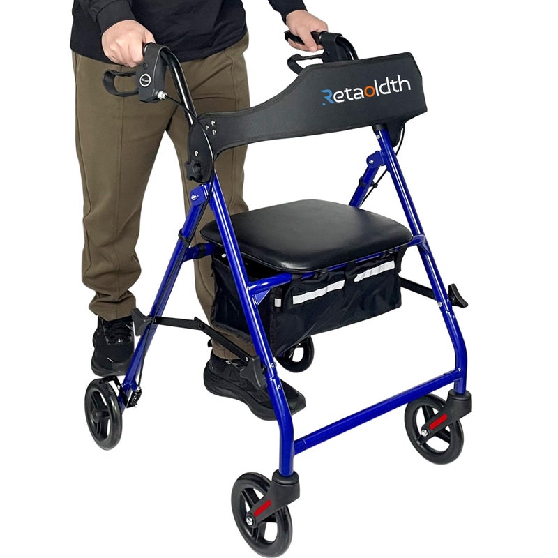 Retaoldth Foldable Rollator Walker with Seat for Seniors, Easy Folding & One-Hand Carry, Walkers for Seniors-All-Terrain Wheels, Height Adjustable Lightweight Rolling Walker for Elderly, Blue - Image 1
