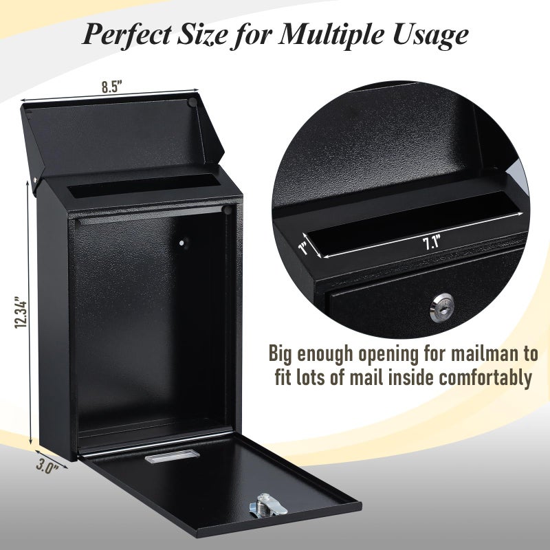 xydled Mail Boxes with Key Lock,Locking Mailbox Wall Mounted,Large Capacity,Steel Cover Metal Postbox for House, Black, 12.34''x8.5''x3'' - Image 2