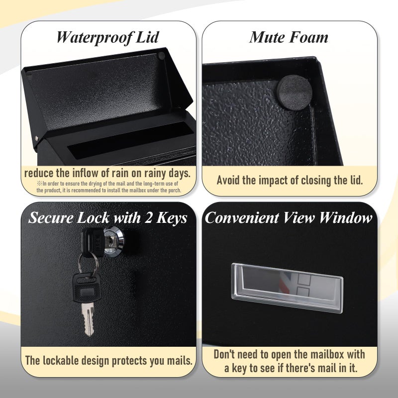xydled Mail Boxes with Key Lock,Locking Mailbox Wall Mounted,Large Capacity,Steel Cover Metal Postbox for House, Black, 12.34''x8.5''x3'' - Image 5
