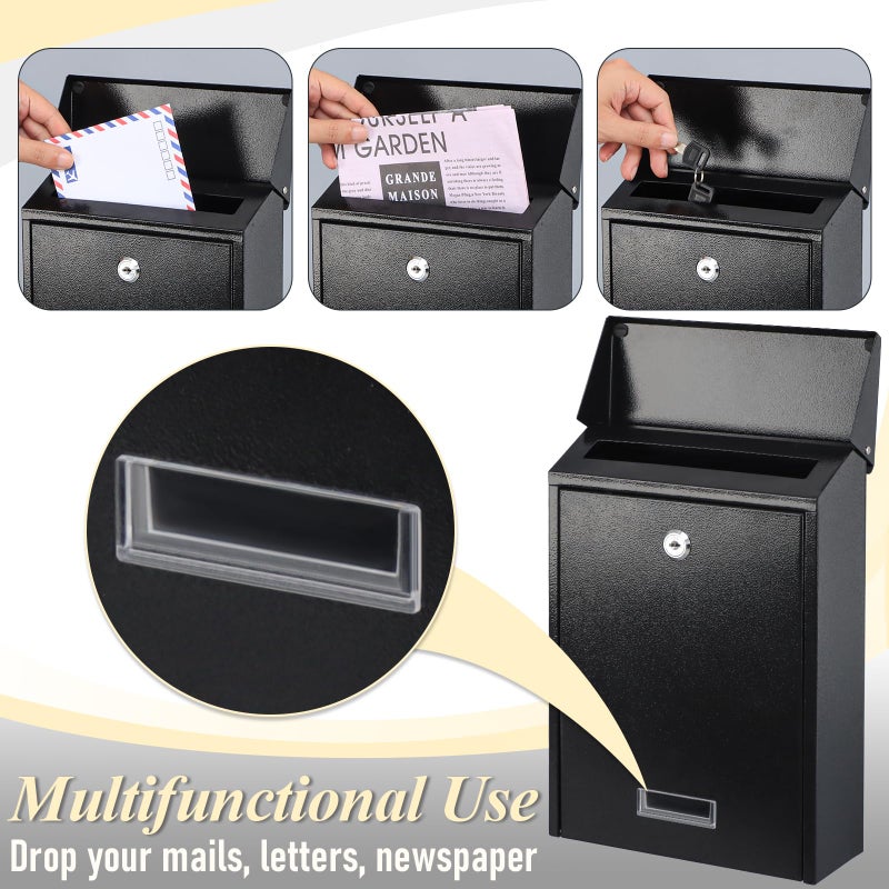 xydled Mail Boxes with Key Lock,Locking Mailbox Wall Mounted,Large Capacity,Steel Cover Metal Postbox for House, Black, 12.34''x8.5''x3'' - Image 4