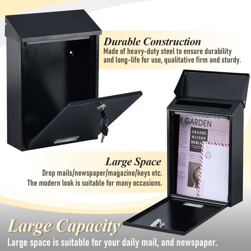 xydled Mail Boxes with Key Lock,Locking Mailbox Wall Mounted,Large Capacity,Steel Cover Metal Postbox for House, Black, 12.34''x8.5''x3'' - Image 3