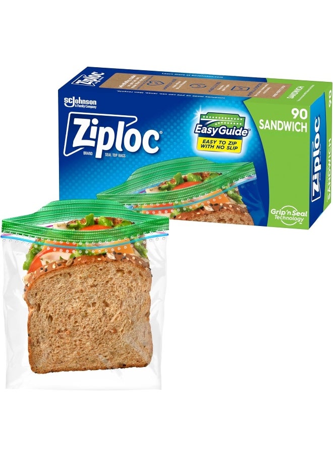 Ziploc Ziploc Sandwich Bags with EasyGuide Texture, Plastic Storage Bags with Grip 'N Seal Technology, 90 Count  - Image 1