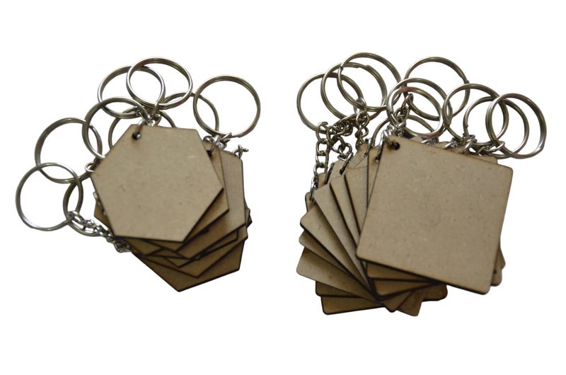 Ecomology Pack of 40 (20Square & 20Hexagon) 2 Shape Key Chains with Ring (50 x 50) mm | It is Suitable for All Type of Craft Activities | Mandala Art MDF Board Suitable for Decoupage  - Image 1