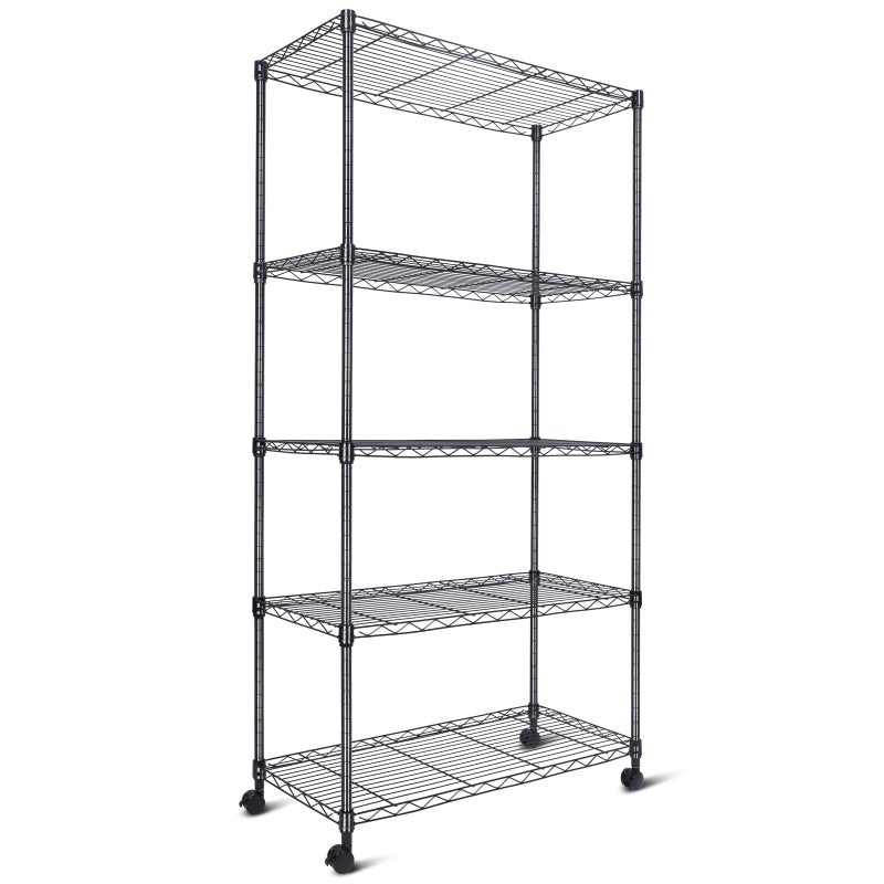 Whitmor 5 Tier Shelving Unit, Adjustable Storage Shelves with Wheels, 400 lbs Capacity per Shelf, Max 2000 lbs Total for Pantry, Kitchen, Garage, 30" L x 14" W x 60" H, Black - Image 1