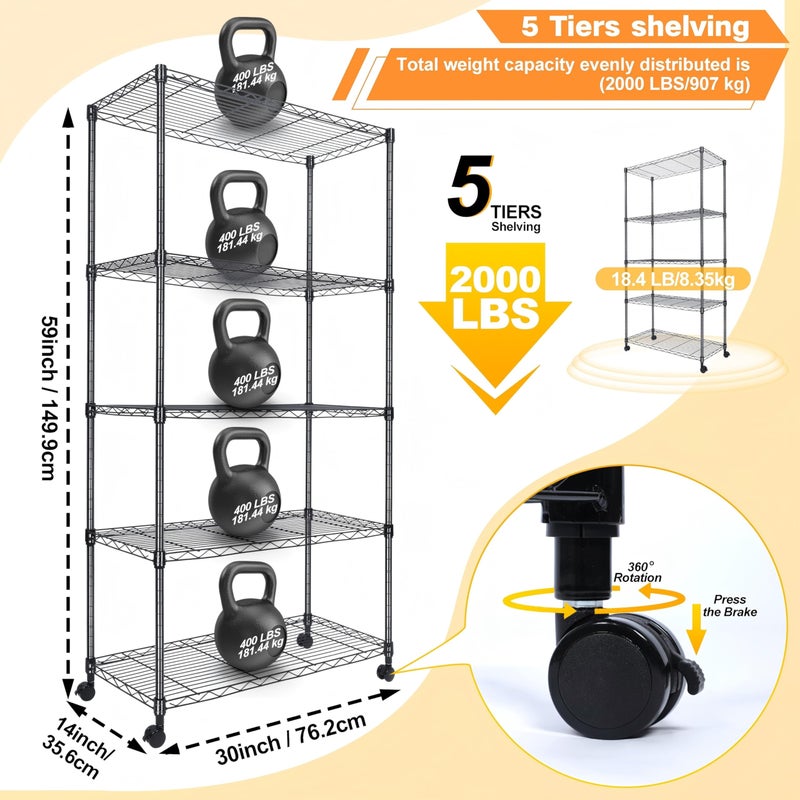 Whitmor 5 Tier Shelving Unit, Adjustable Storage Shelves with Wheels, 400 lbs Capacity per Shelf, Max 2000 lbs Total for Pantry, Kitchen, Garage, 30" L x 14" W x 60" H, Black - Image 2