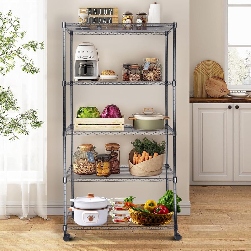 Whitmor 5 Tier Shelving Unit, Adjustable Storage Shelves with Wheels, 400 lbs Capacity per Shelf, Max 2000 lbs Total for Pantry, Kitchen, Garage, 30" L x 14" W x 60" H, Black - Image 5