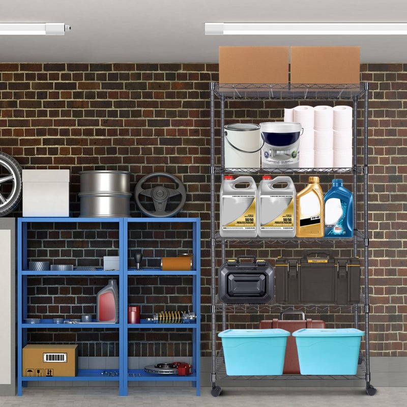 Whitmor 5 Tier Shelving Unit, Adjustable Storage Shelves with Wheels, 400 lbs Capacity per Shelf, Max 2000 lbs Total for Pantry, Kitchen, Garage, 30" L x 14" W x 60" H, Black - Image 4