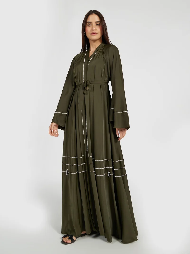 Reem Abayas Dark Olive Satin Abaya with Crystal Banding