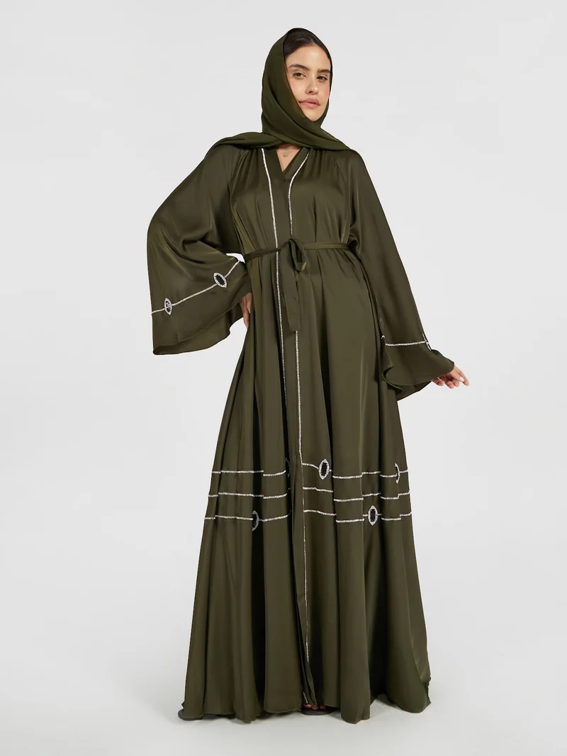Reem Abayas Dark Olive Satin Abaya with Crystal Banding