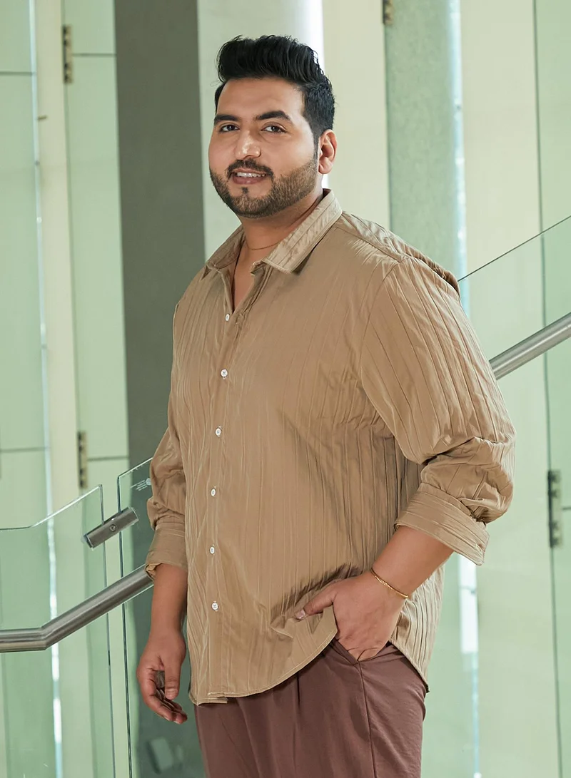 Instafab Plus Instafab Plus Men's Sand Beige Quilt-Tactile Shirt For Casual Wear | Spread Collar | Long Cuffed Sleeves | Button Closure | Plus Size Shirt Crafted With Comfort Fit For Everyday Wear
