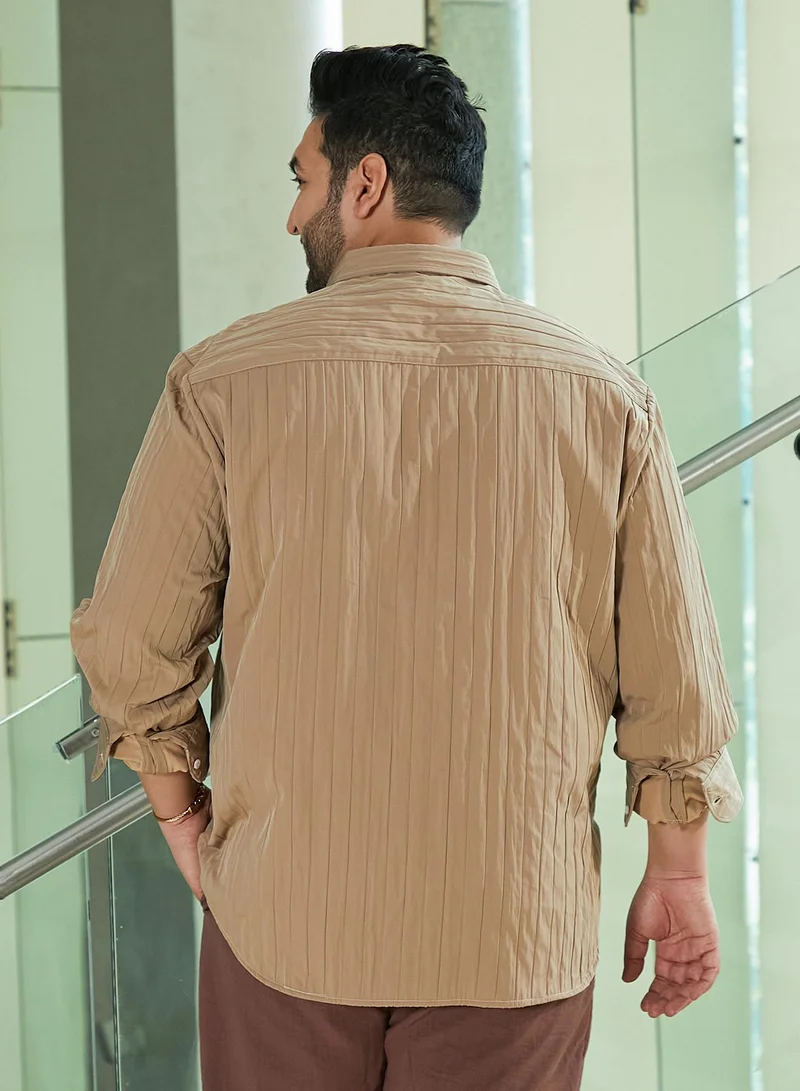Instafab Plus Instafab Plus Men's Sand Beige Quilt-Tactile Shirt For Casual Wear | Spread Collar | Long Cuffed Sleeves | Button Closure | Plus Size Shirt Crafted With Comfort Fit For Everyday Wear