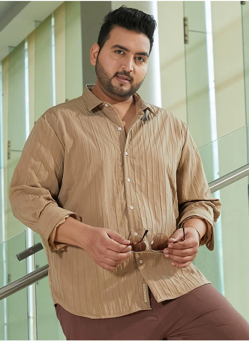 انستافاب بلس Instafab Plus Men's Sand Beige Quilt-Tactile Shirt For Casual Wear | Spread Collar | Long Cuffed Sleeves | Button Closure | Plus Size Shirt Crafted With Comfort Fit For Everyday Wear