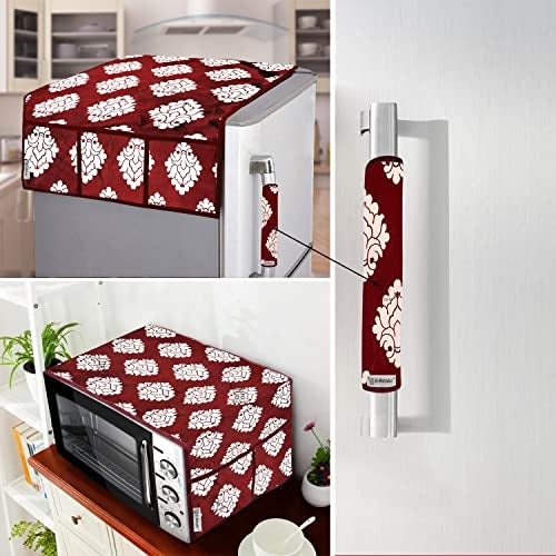 E-Retailer® Exclusive 3-Layered Polyester Combo Set of Appliances Cover (1 Pc. of Fridge Top Cover, 1 Pc Handle Cover and 1 Pc. of Microwave Oven Top Cover) (Color-Maroon, Design-Ethnic, Set Contains-3 Pcs.) - Image 1