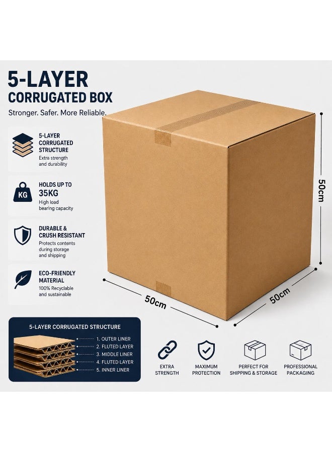 Heavy Duty 5-Layer Corrugated Shipping Box 50x50x50 cm, Durable & Crush Resistant Moving Cardboard Cartons, 35KG High Load Capacity (Packaging Box) - Image 4