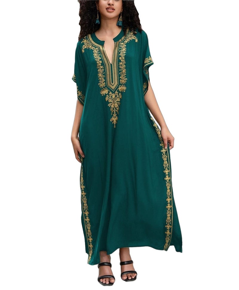 KECVOT Kaftan Dresses for Women Embroidered Short Sleeve V-neck Plus Size Caftan Bikini Swimsuit Cover-Up Long Beach Dress - Image 1