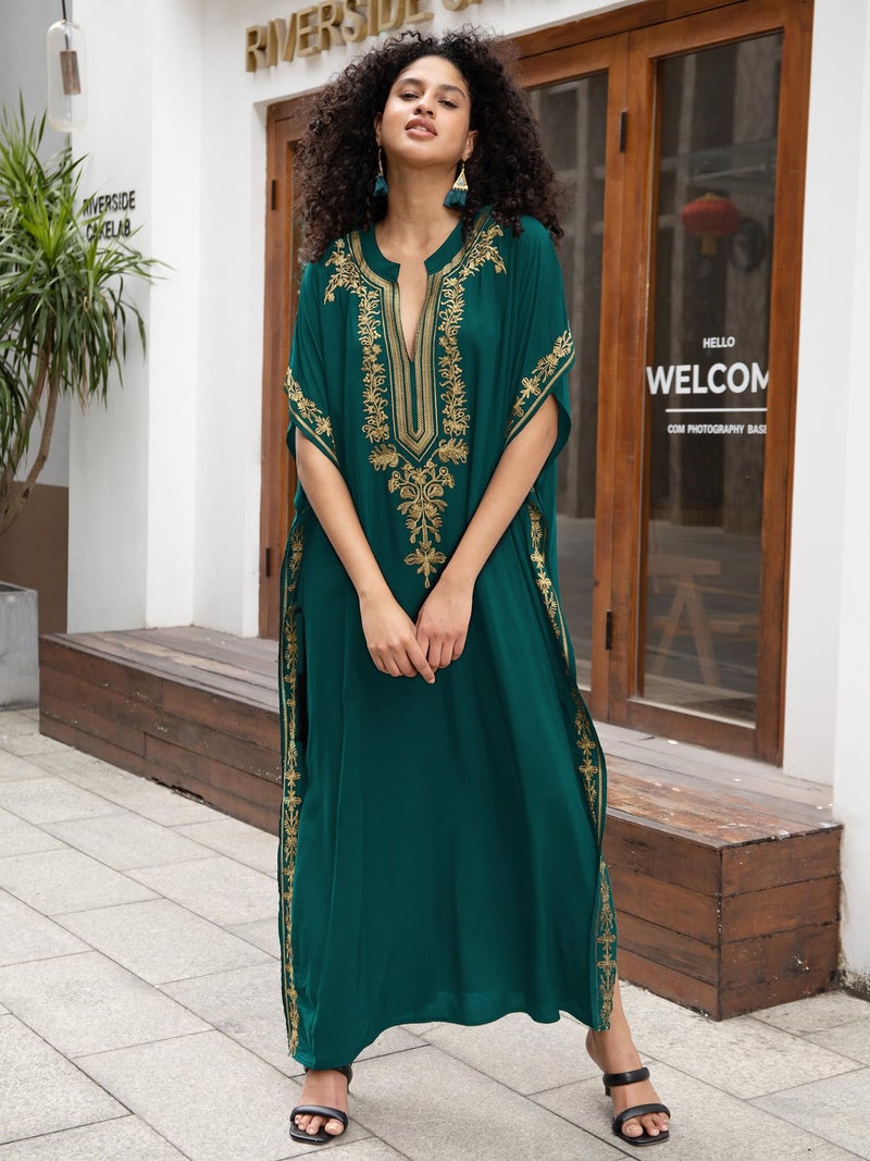 KECVOT Kaftan Dresses for Women Embroidered Short Sleeve V-neck Plus Size Caftan Bikini Swimsuit Cover-Up Long Beach Dress - Image 3