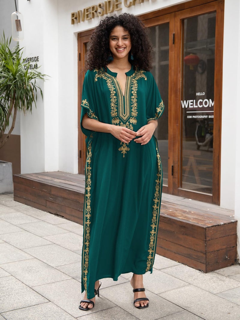 KECVOT Kaftan Dresses for Women Embroidered Short Sleeve V-neck Plus Size Caftan Bikini Swimsuit Cover-Up Long Beach Dress - Image 2