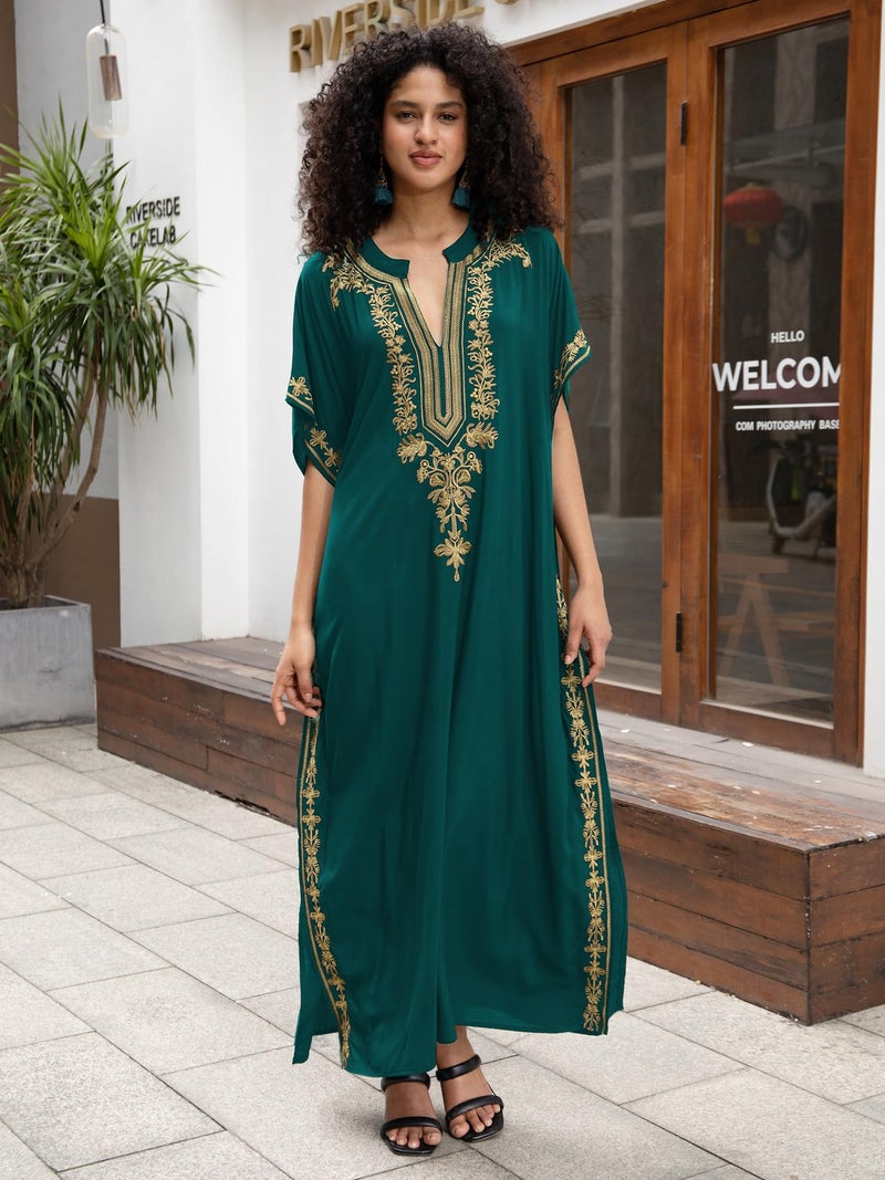 KECVOT Kaftan Dresses for Women Embroidered Short Sleeve V-neck Plus Size Caftan Bikini Swimsuit Cover-Up Long Beach Dress - Image 4