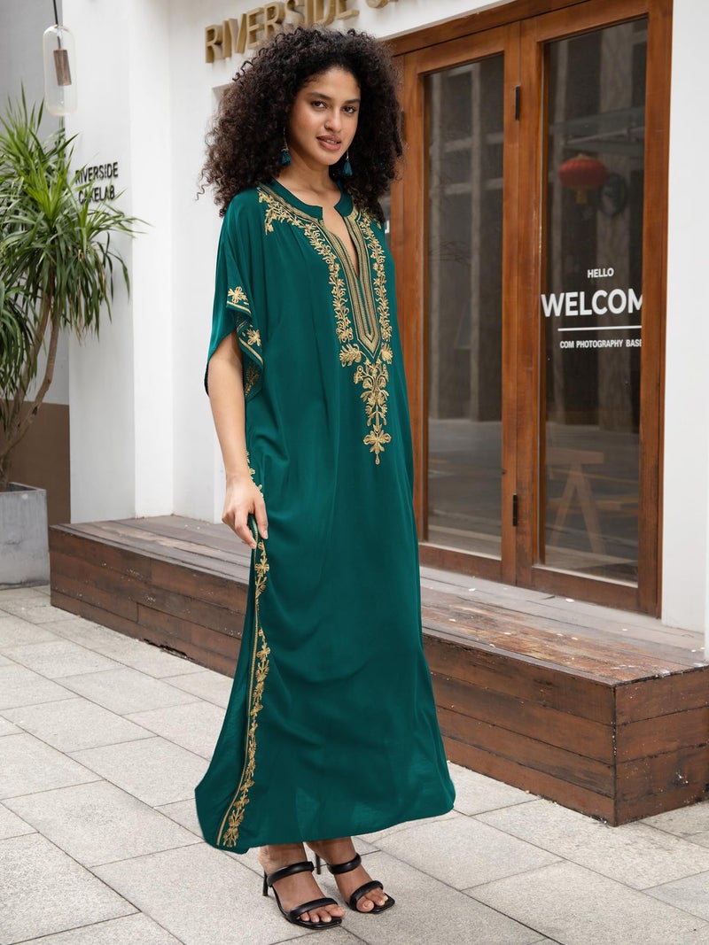 KECVOT Kaftan Dresses for Women Embroidered Short Sleeve V-neck Plus Size Caftan Bikini Swimsuit Cover-Up Long Beach Dress - Image 5